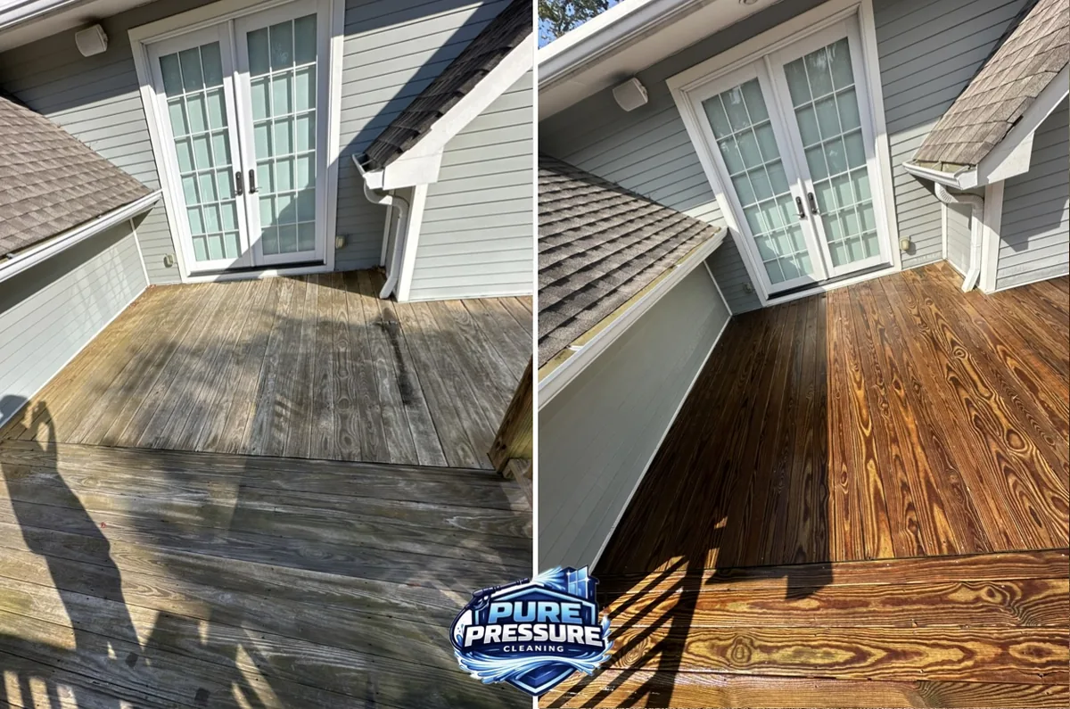 Decking outside french doors, stained