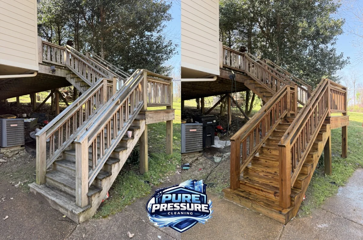 Under-deck stairs finished in a warm stain