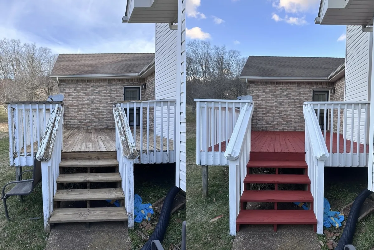 Porch steps — white rails, red treads
